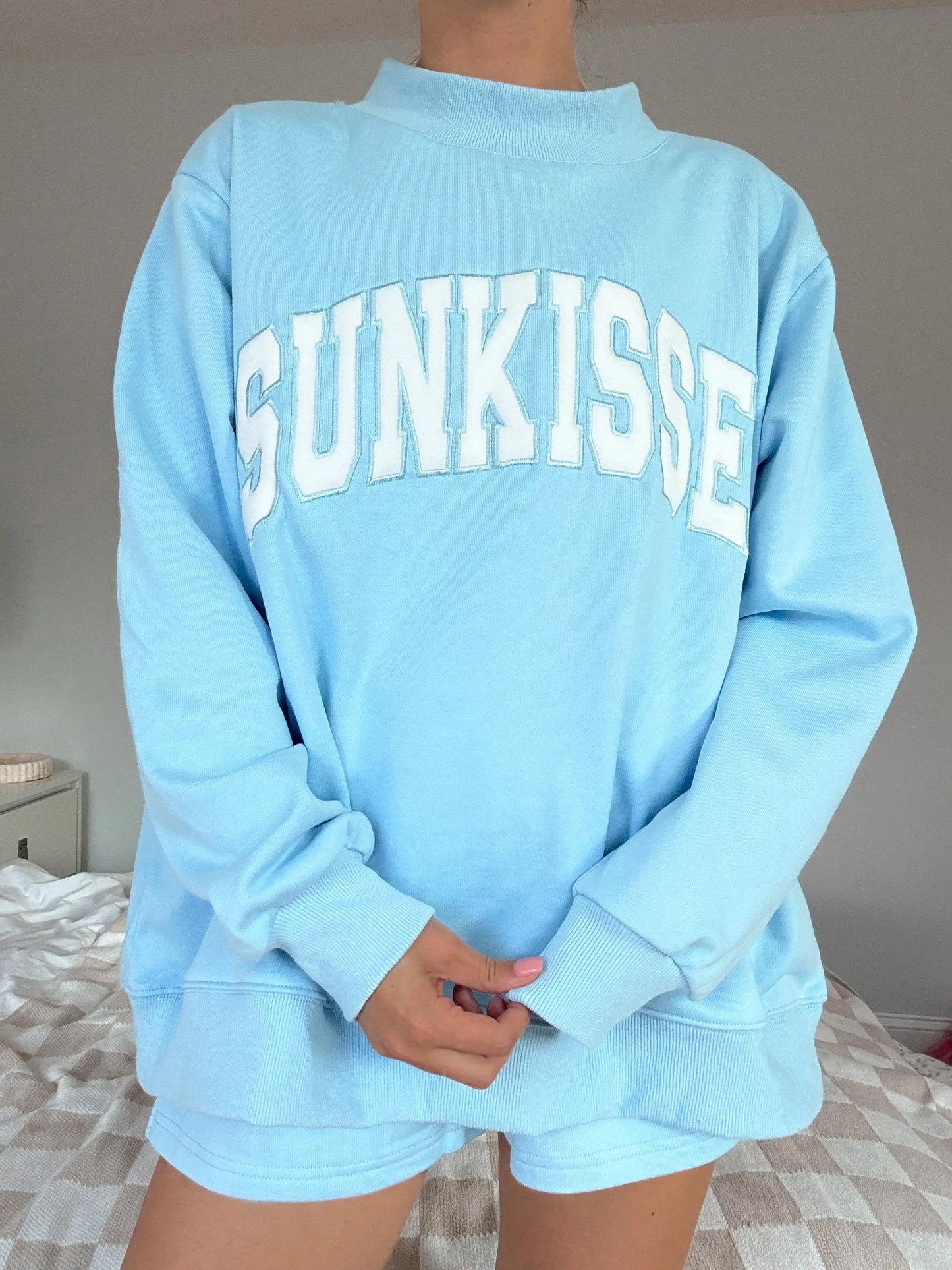 Berry Blue Varsity Sunkissed Embroidered Mockneck Sweatshirt 100% Cotton