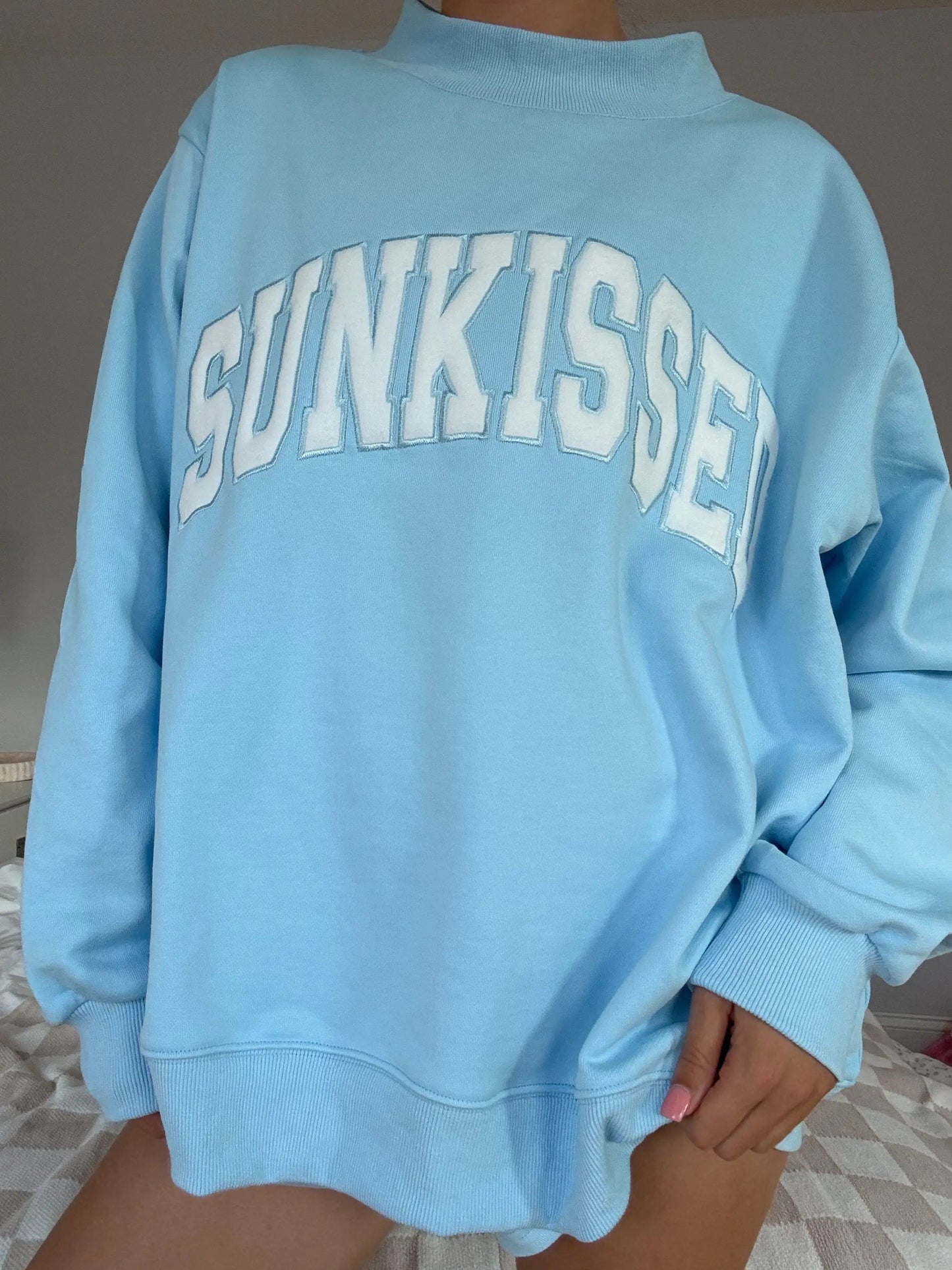 Berry Blue Varsity Sunkissed Embroidered Mockneck Sweatshirt 100% Cotton