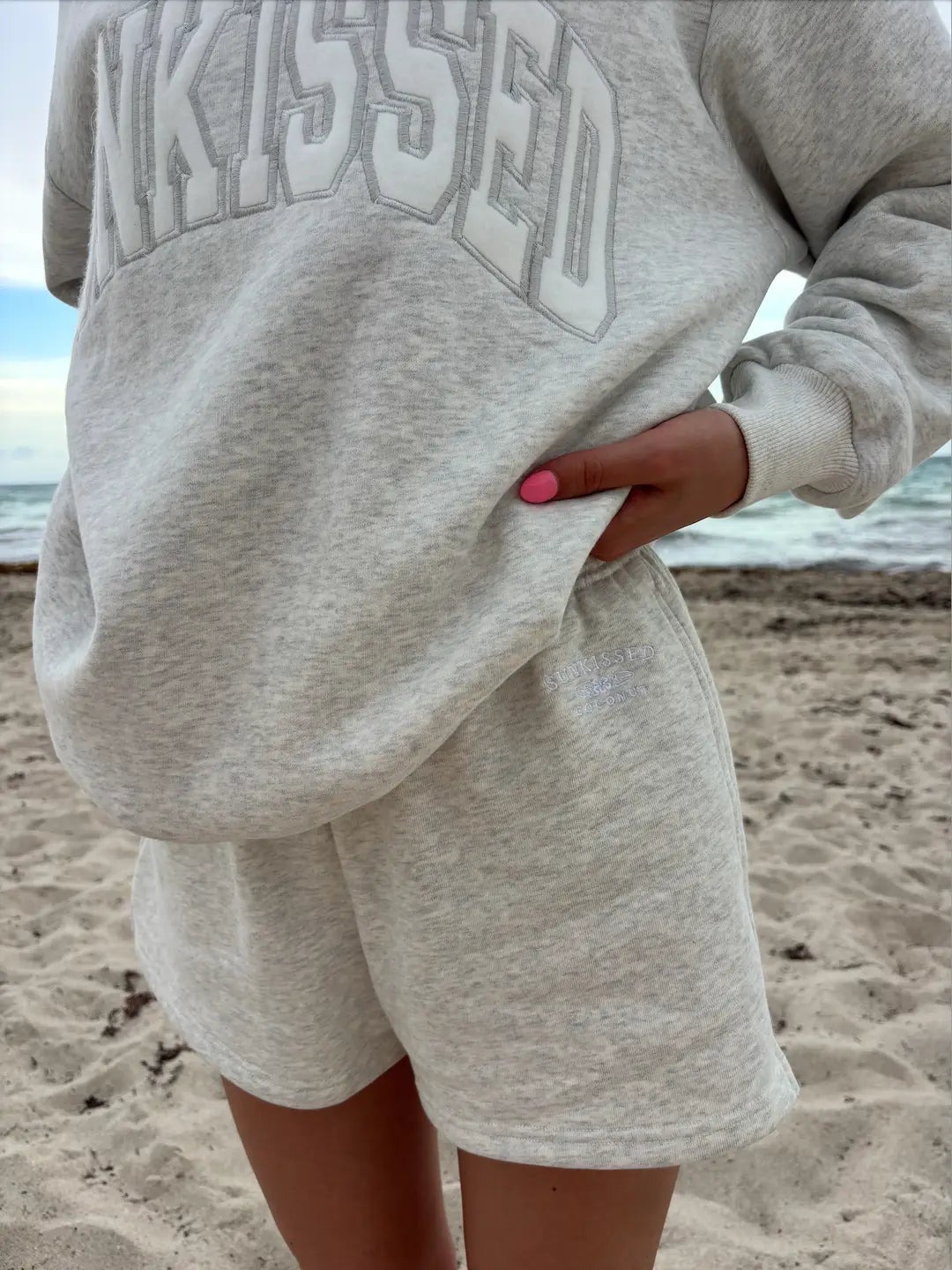 Pearl Grey Varsity Sunkissed Embroidered Mockneck Sweatshirt 100% Cotton