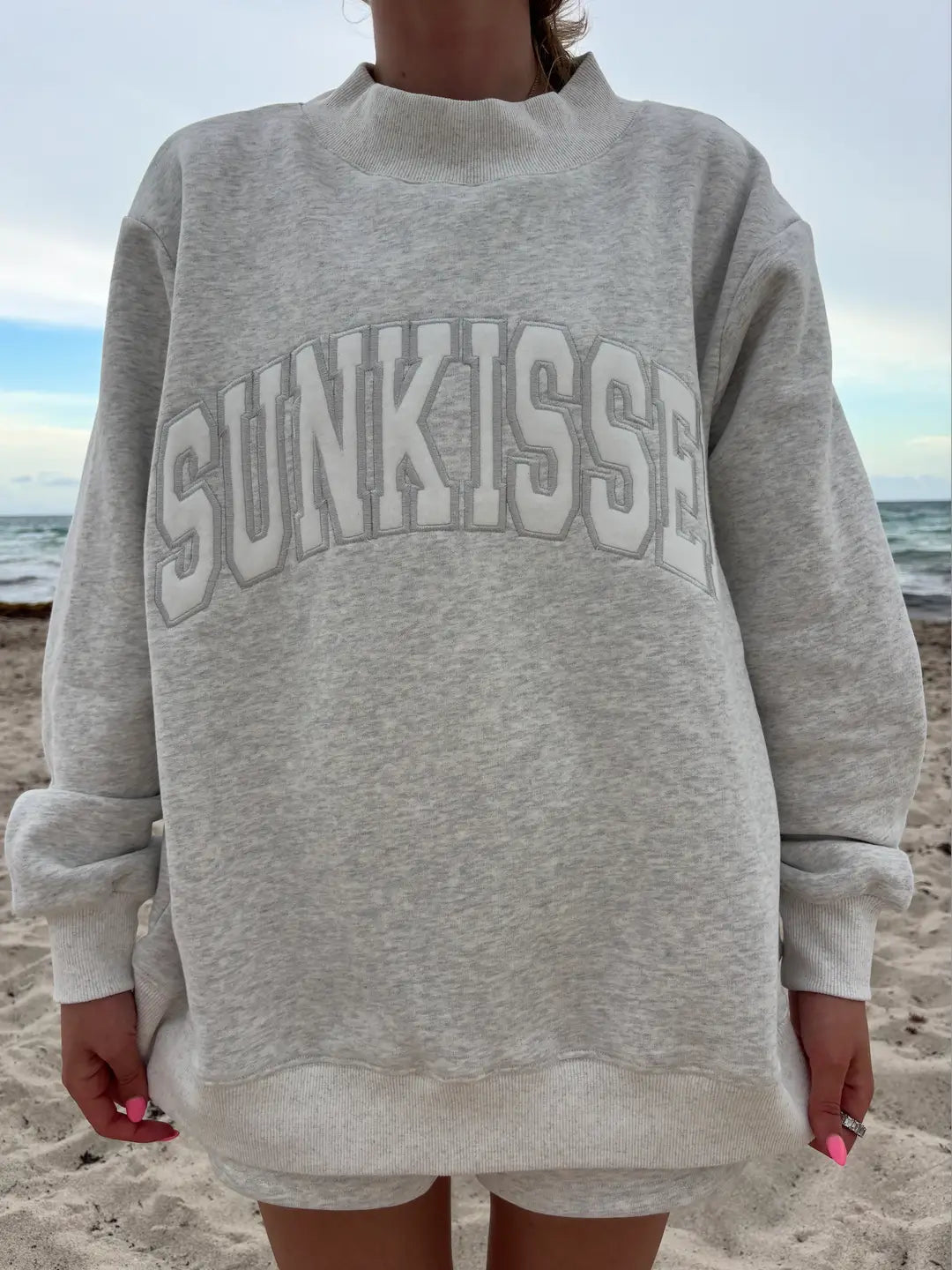 Pearl Grey Varsity Sunkissed Embroidered Mockneck Sweatshirt 100% Cotton