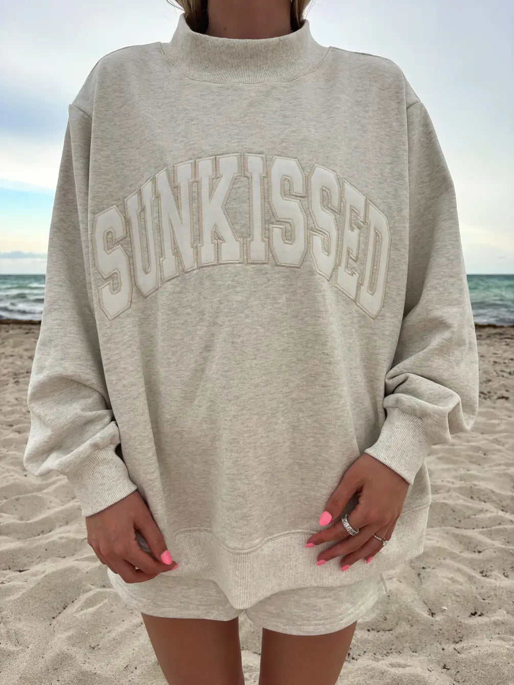 Oat Milk Grey Varsity Sunkissed Embroidered Mockneck Sweatshirt 100% Cotton