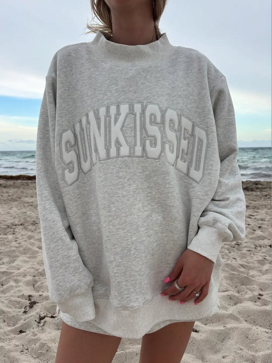 Pearl Grey Varsity Sunkissed Embroidered Mockneck Sweatshirt 100% Cotton