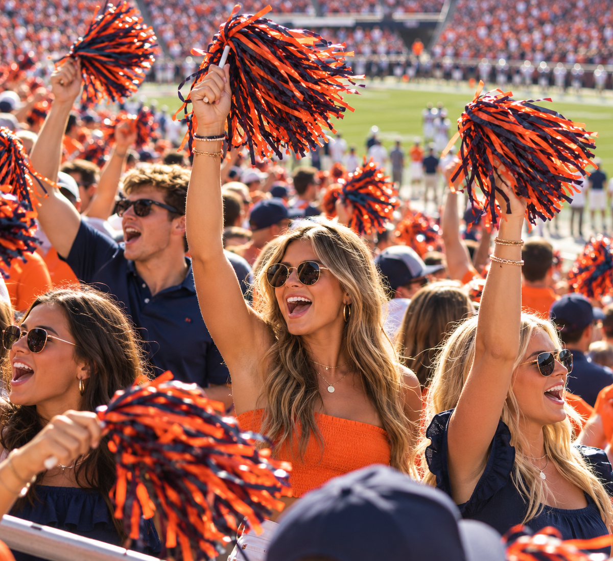 Orange/Navy Pom-Pom Gameday Shakers for Fans/Boot Tassels